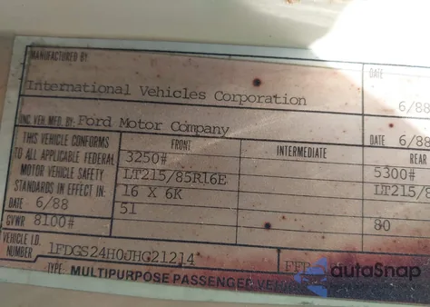 1988 Ford Econoline E250 Super Duty Van из США, поврежденный, VIN 1FDGS24H0JHC21214